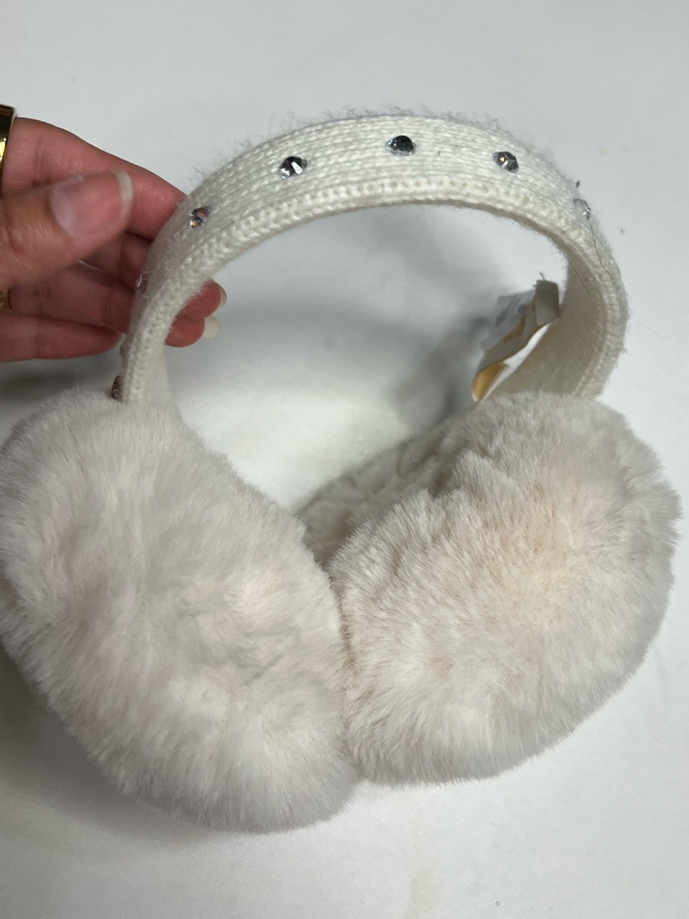 Michael Kors Cream Faux Fur Earmuffs with Crystal Knit Headband